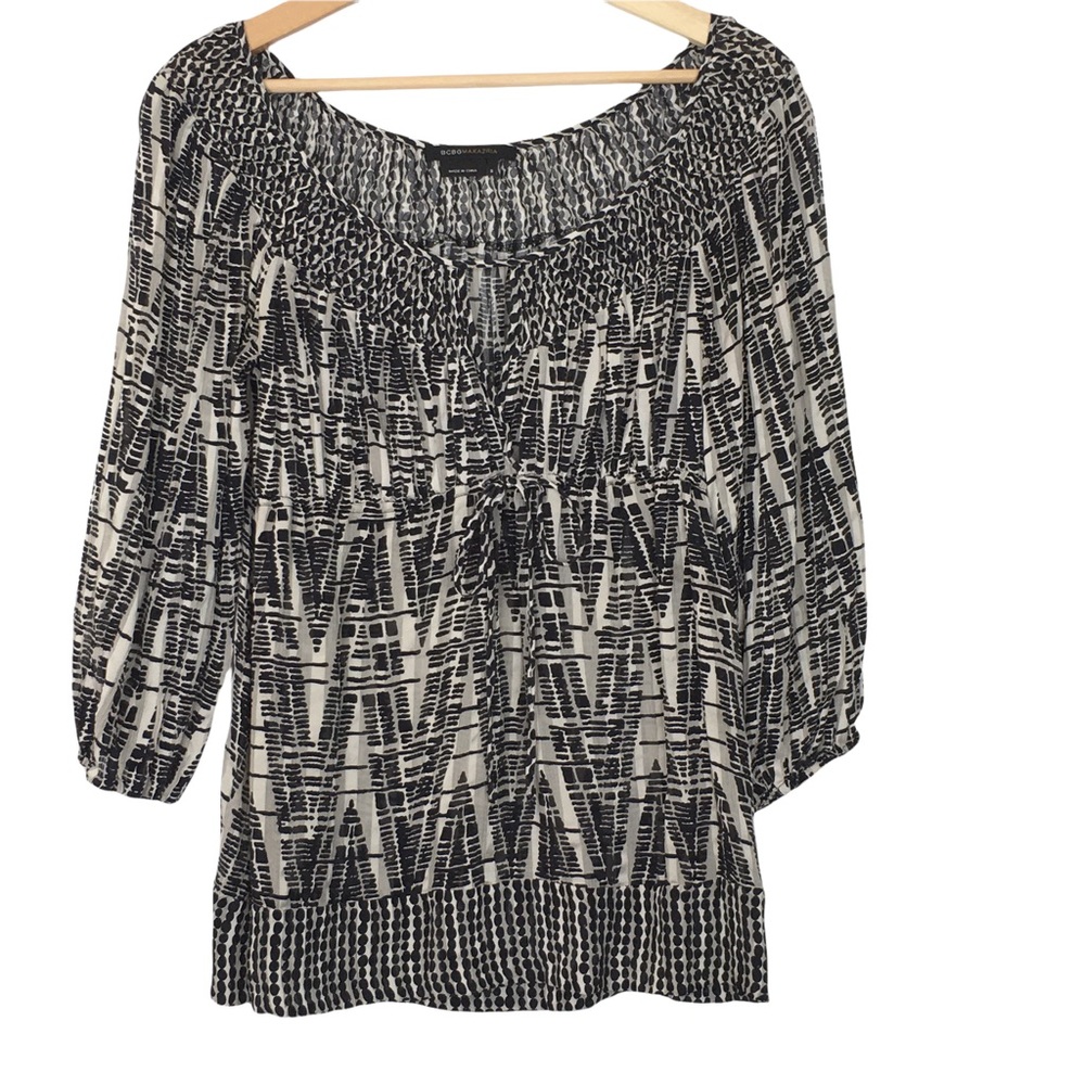 BCBGMAXAZRIA Printed Smocked Tie Waist Blouse